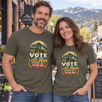 Colorado lifestyle — farming graphic, Army T-shirts worn by a man and woman in a Colorado town
