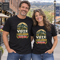 Colorado lifestyle — farming graphic, Black T-shirts worn by a man and woman in a Colorado town