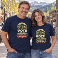 Colorado lifestyle — farming graphic, Navy T-shirts worn by a man and woman in a Colorado town