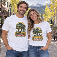 Colorado lifestyle — farming graphic, White T-shirts worn by a man and woman in a Colorado town
