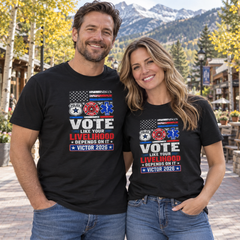 Colorado lifestyle — first responders graphic, Black T-shirts worn by a man and woman in a Colorado town