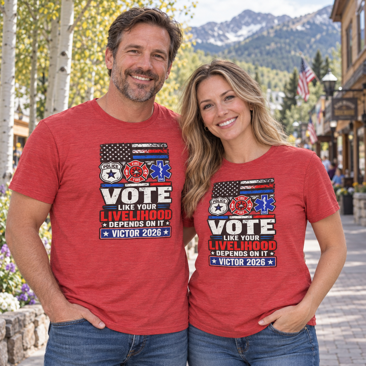 Colorado lifestyle — first responders graphic, Heather Red T-shirts worn by a man and woman in a Colorado town