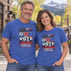 Colorado lifestyle — first responders graphic, Heather True Royal T-shirts worn by a man and woman in a Colorado town