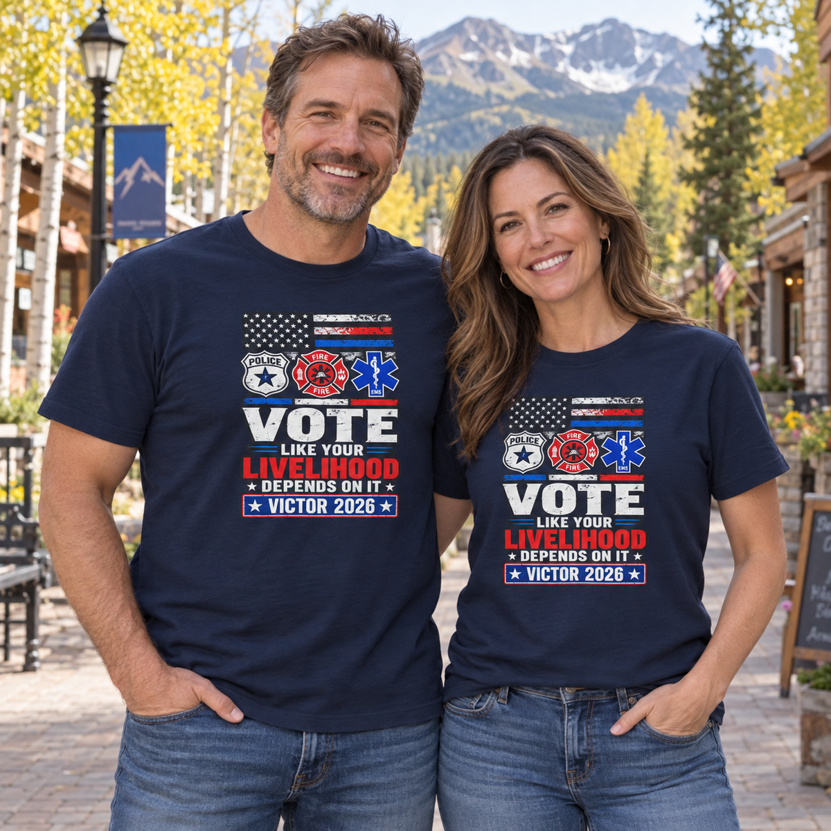 Colorado lifestyle — first responders graphic, Navy T-shirts worn by a man and woman in a Colorado town