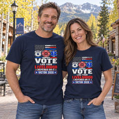 Colorado lifestyle — first responders graphic, Navy T-shirts worn by a man and woman in a Colorado town
