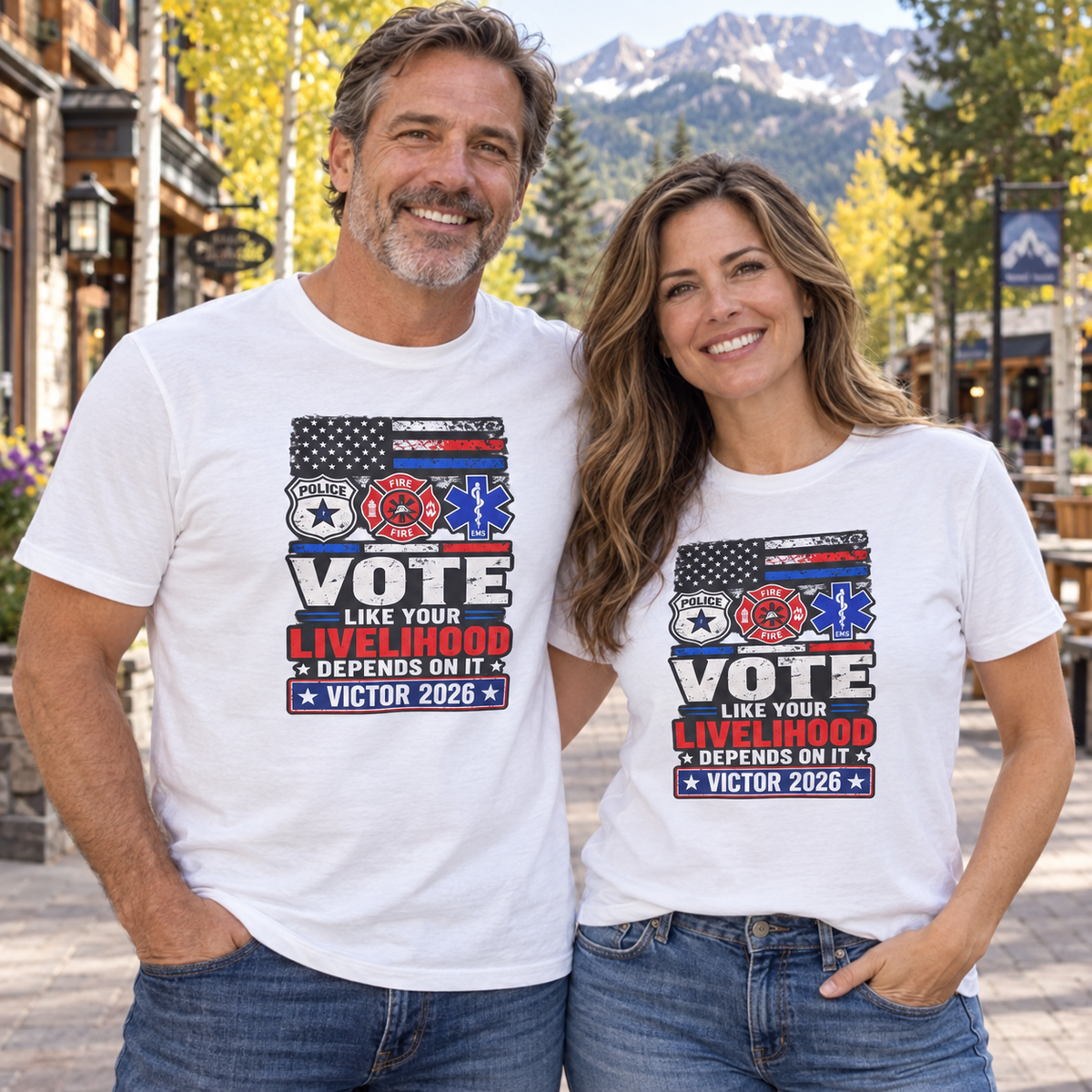 Colorado lifestyle — first responders graphic, White T-shirts worn by a man and woman in a Colorado town