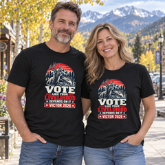 Colorado lifestyle - hunting and fishing graphic, Black T-shirts worn by a man and woman in a Colorado town