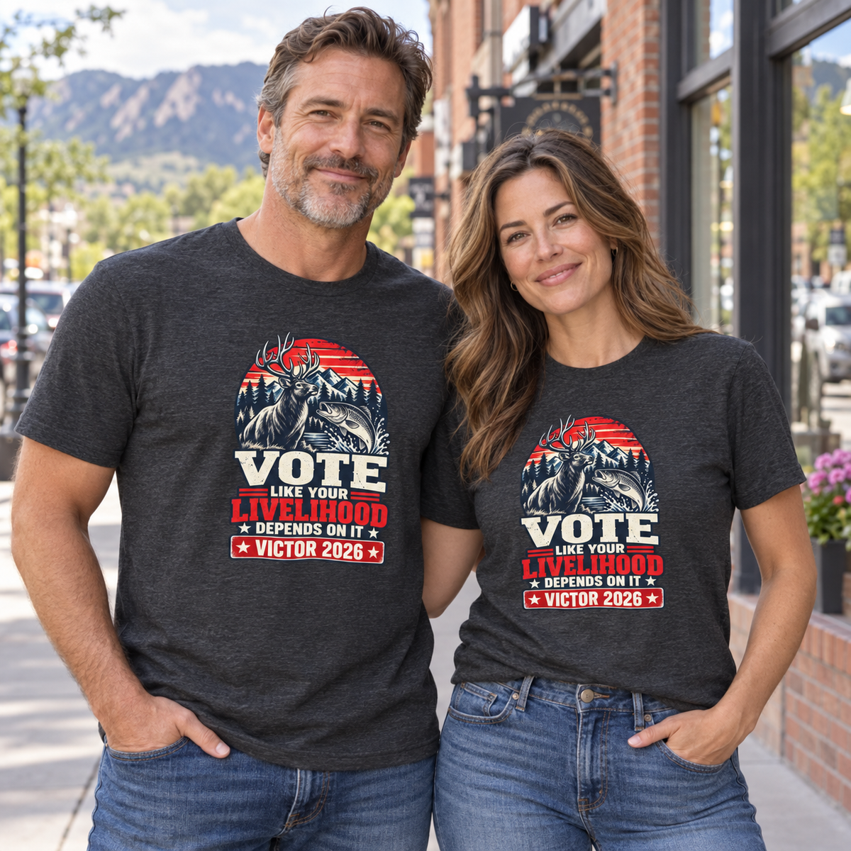 Colorado lifestyle - hunting and fishing graphic, Dark Grey Heather T-shirts worn by a man and woman in a Colorado town