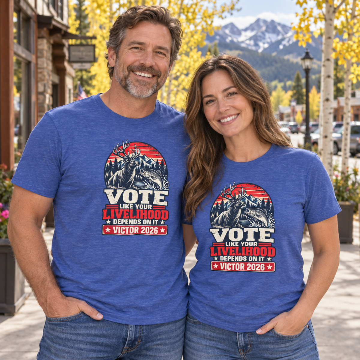 Colorado lifestyle - hunting and fishing graphic, Heather True Royal T-shirts worn by a man and woman in a Colorado town