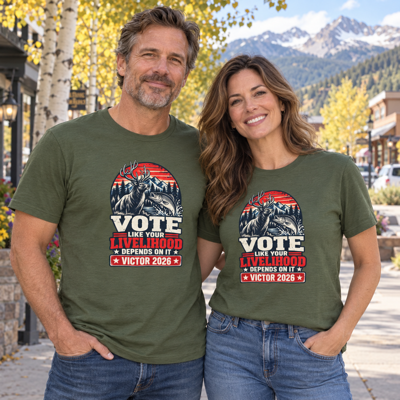 Colorado lifestyle - hunting and fishing graphic, Military Green T-shirts worn by a man and woman in a Colorado town
