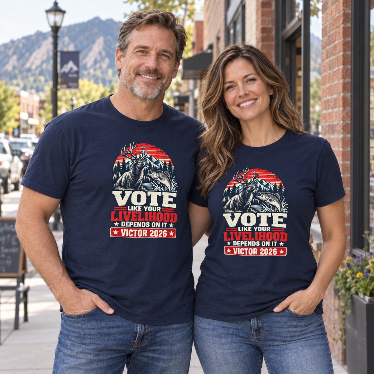 Colorado lifestyle - hunting and fishing graphic, Navy T-shirts worn by a man and woman in a Colorado town