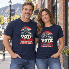 Colorado lifestyle - hunting and fishing graphic, Navy T-shirts worn by a man and woman in a Colorado town