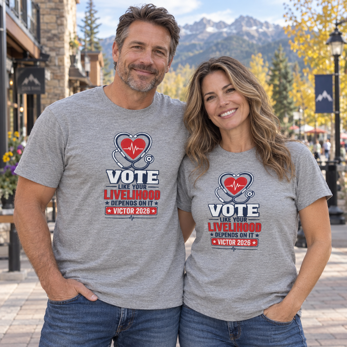 Colorado lifestyle — healthcare graphic, Athletic Heather T-shirts worn by a man and woman in a Colorado town