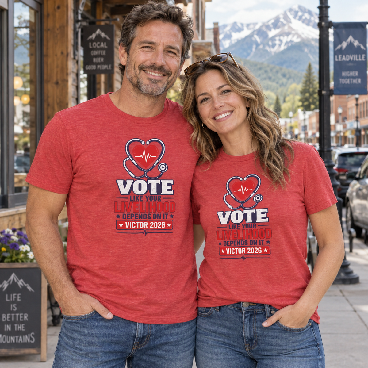 Colorado lifestyle — healthcare graphic, Heather Red T-shirts worn by a man and woman in a Colorado town