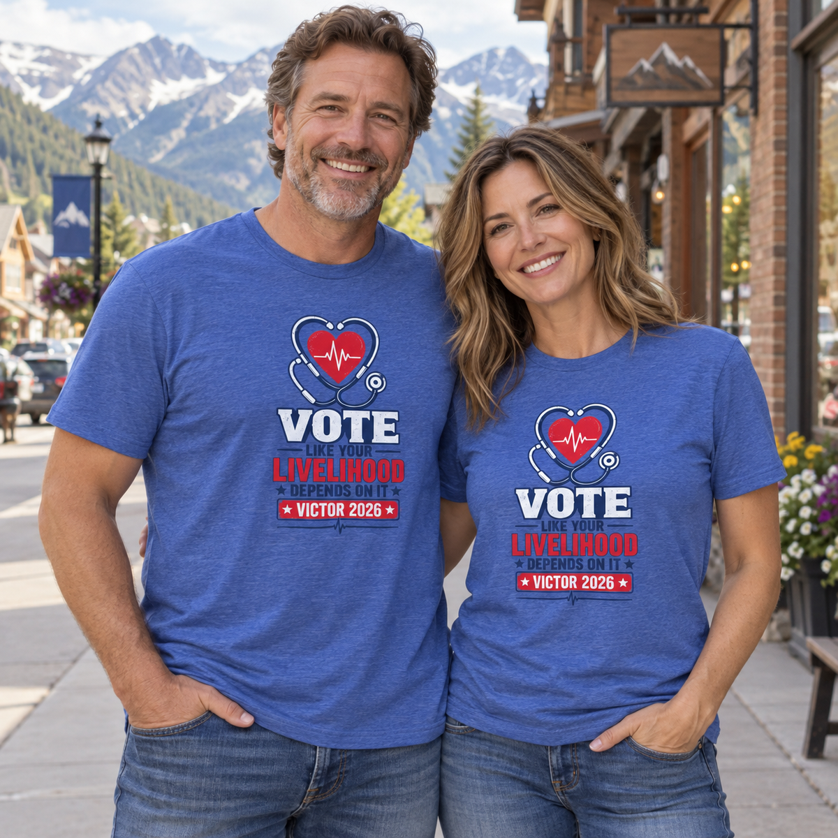 Colorado lifestyle — healthcare graphic, Heather True Royal T-shirts worn by a man and woman in a Colorado town