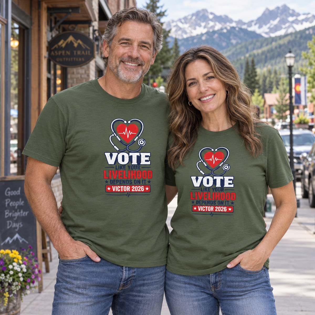 Colorado lifestyle — healthcare graphic, Military Green T-shirts worn by a man and woman in a Colorado town