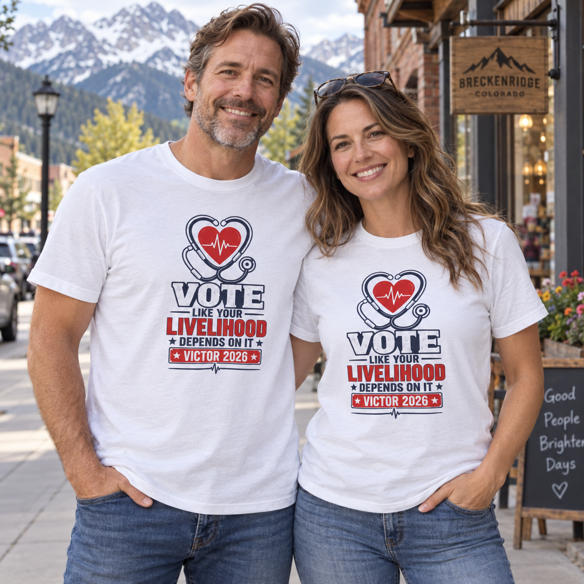 Colorado lifestyle — healthcare graphic, White T-shirts worn by a man and woman in a Colorado town
