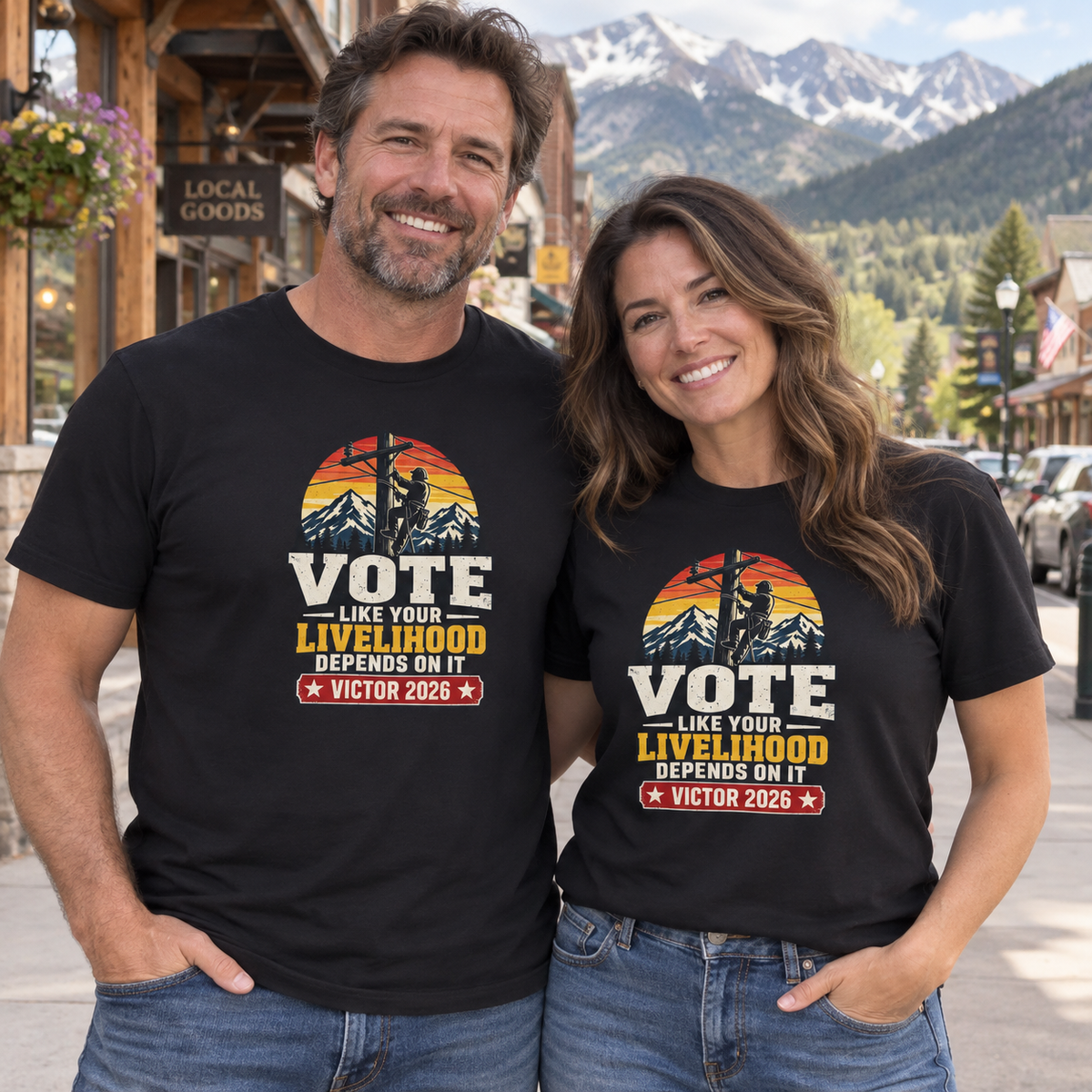 Colorado lifestyle — lineman graphic, Black T-shirts worn by a man and woman in a Colorado town