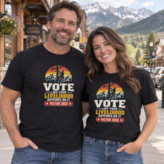 Colorado lifestyle — lineman graphic, Black T-shirts worn by a man and woman in a Colorado town