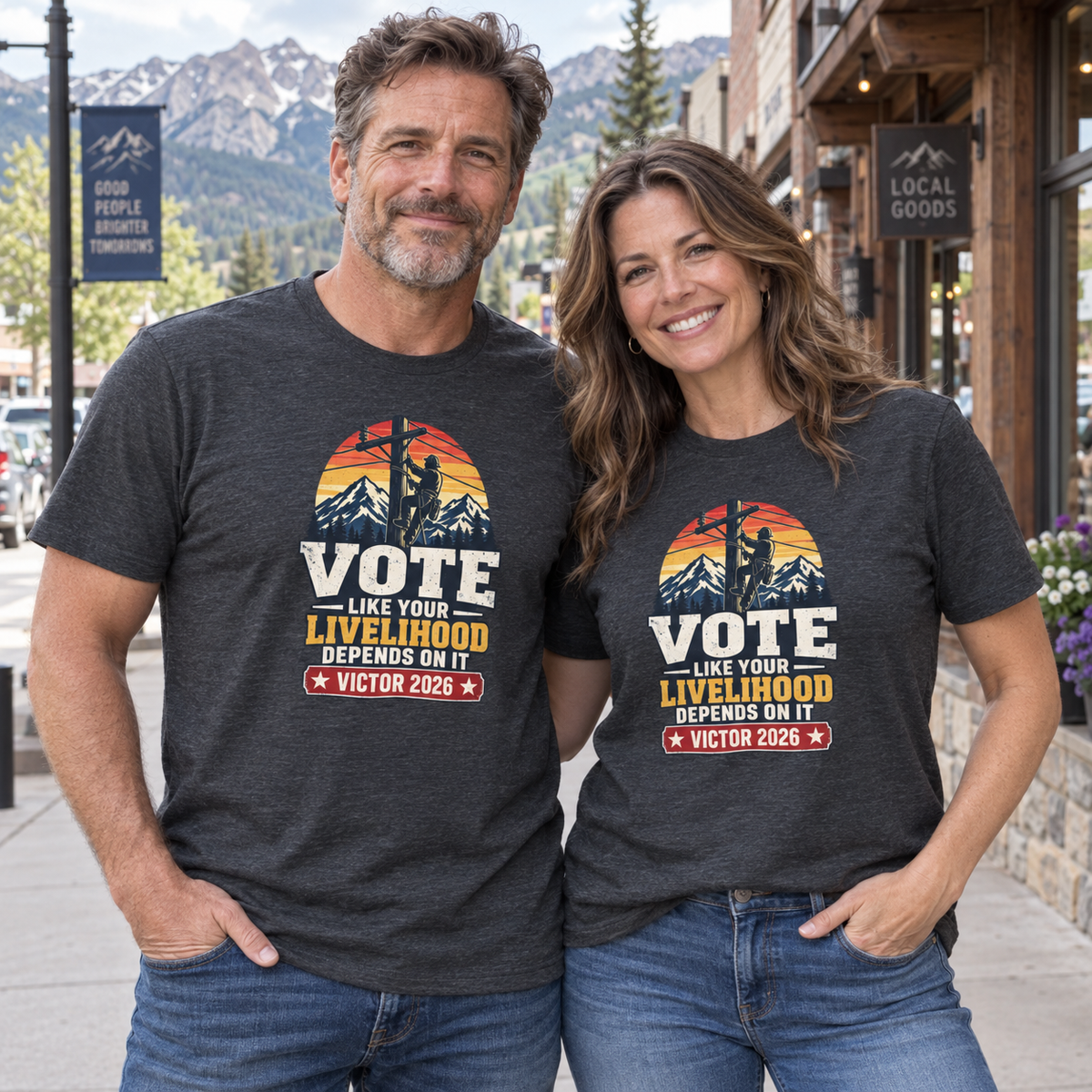 Colorado lifestyle — lineman graphic, Dark Grey Heather T-shirts worn by a man and woman in a Colorado town