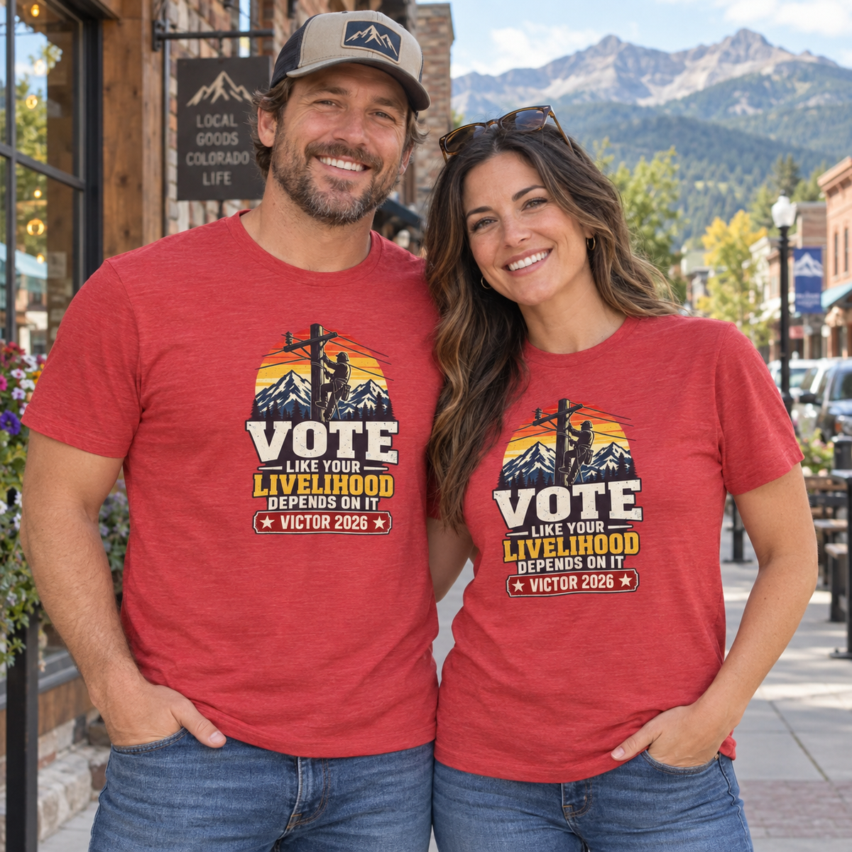 Colorado lifestyle — lineman graphic, Heather Red T-shirts worn by a man and woman in a Colorado town