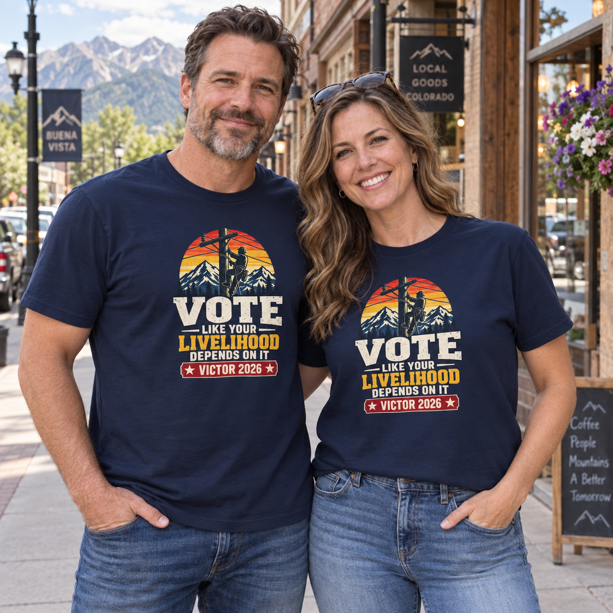 Colorado lifestyle — lineman graphic, Navy T-shirts worn by a man and woman in a Colorado town