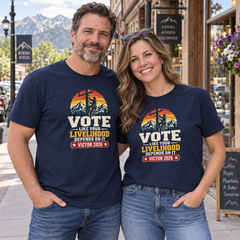 Colorado lifestyle — lineman graphic, Navy T-shirts worn by a man and woman in a Colorado town