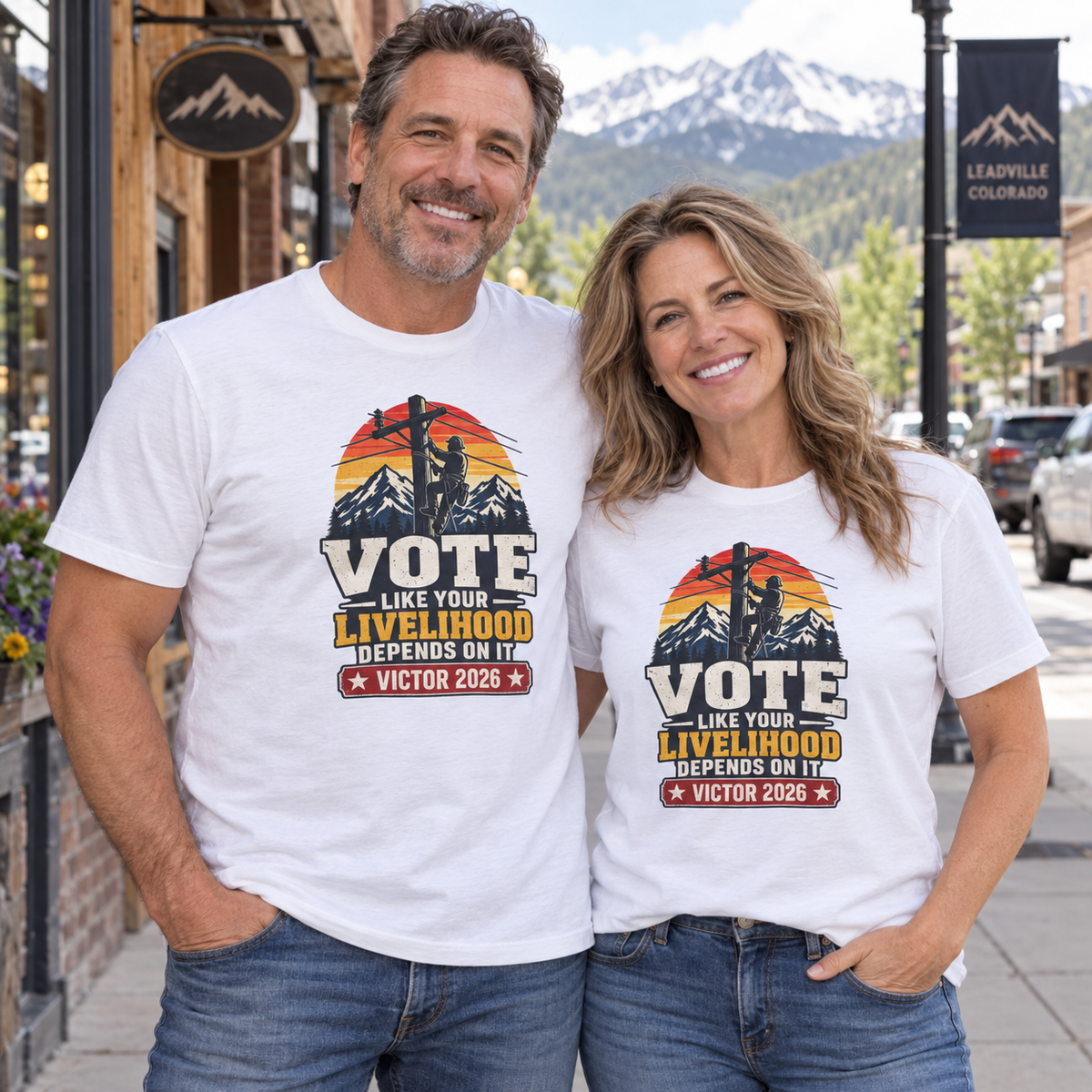 Colorado lifestyle — lineman graphic, White T-shirts worn by a man and woman in a Colorado town