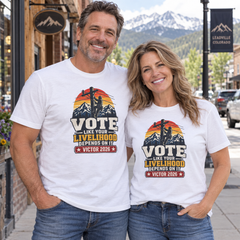 Colorado lifestyle — lineman graphic, White T-shirts worn by a man and woman in a Colorado town