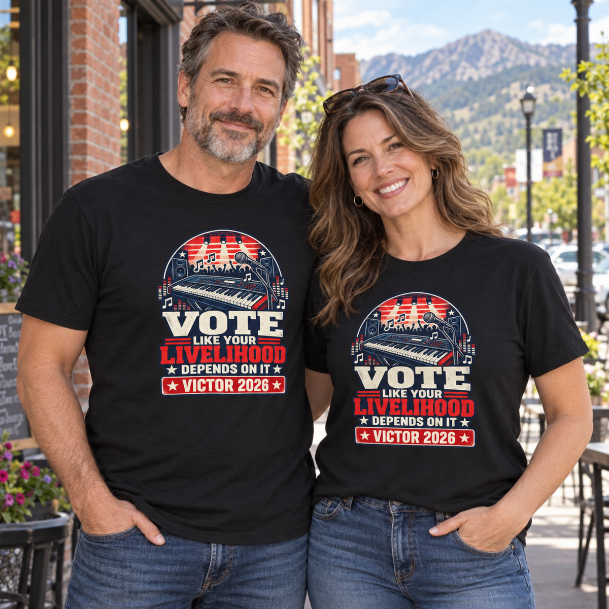 Colorado lifestyle - music graphic, Black T-shirts worn by a man and woman in a Colorado town
