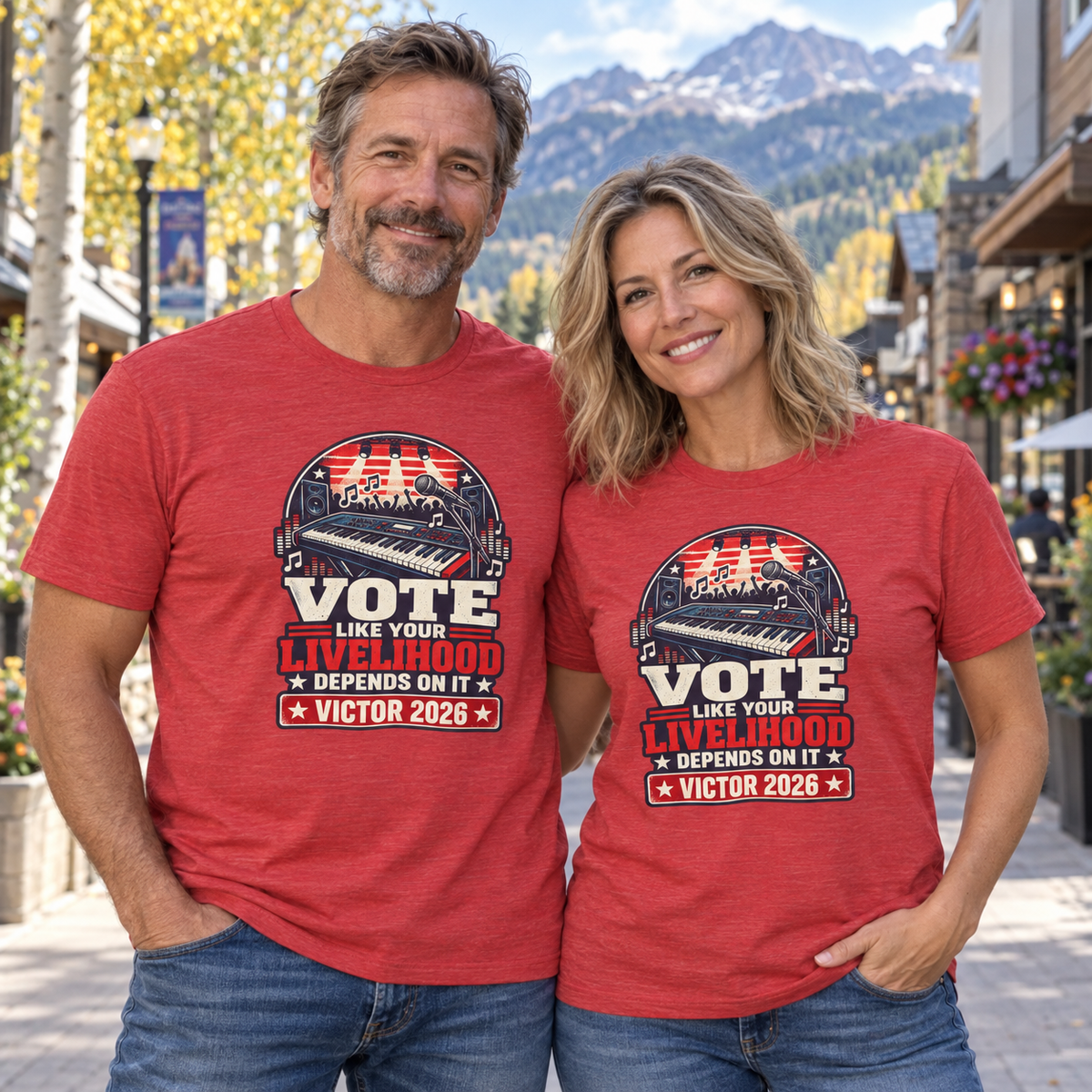 Colorado lifestyle - music graphic, Heather Red T-shirts worn by a man and woman in a Colorado town