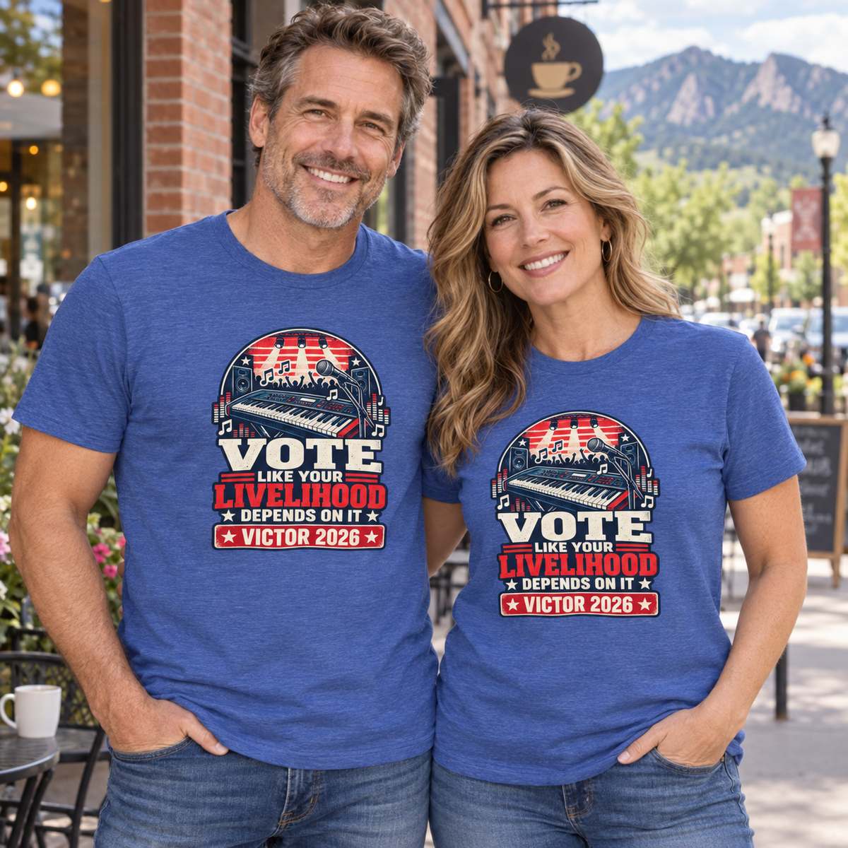 Colorado lifestyle - music graphic, Heather True Royal T-shirts worn by a man and woman in a Colorado town