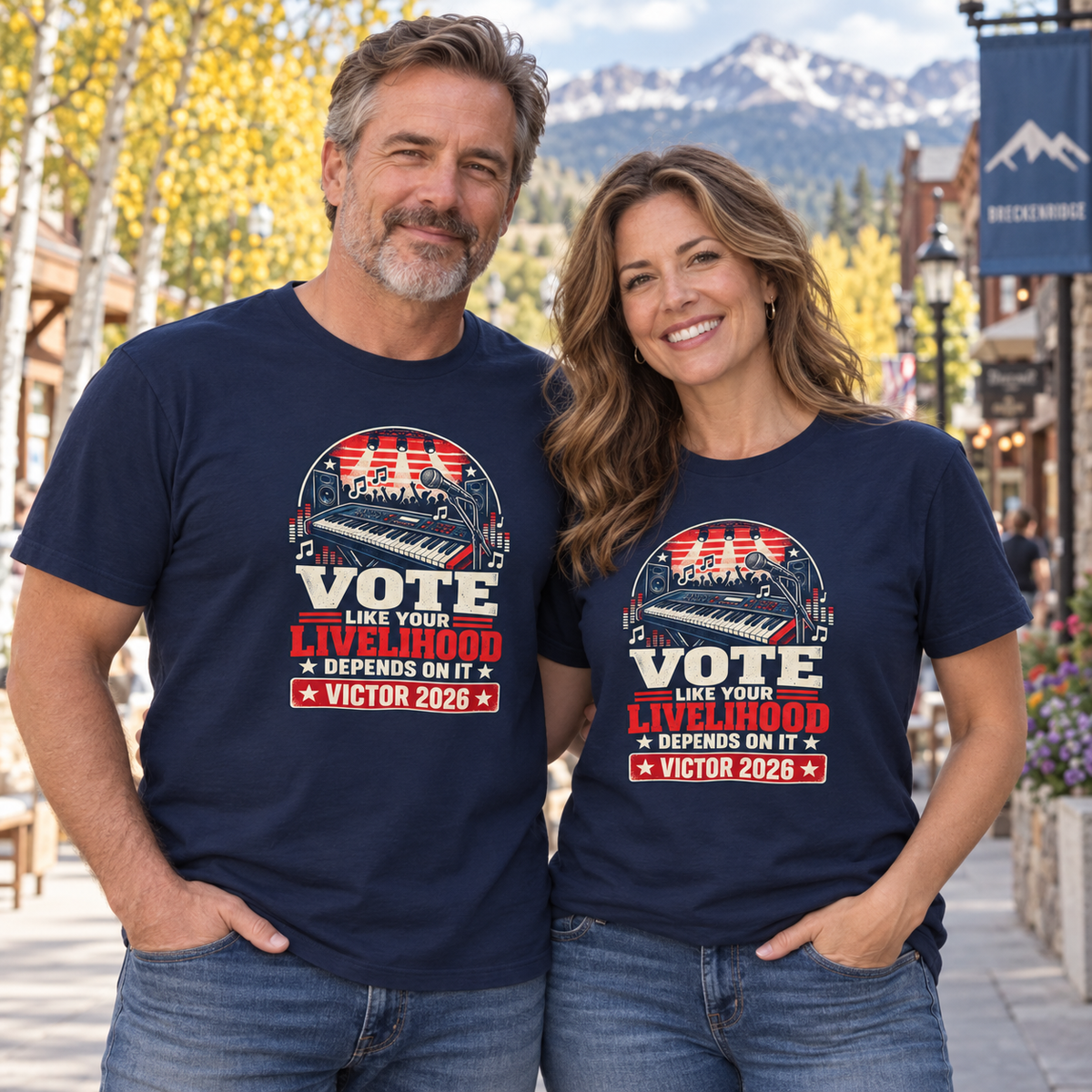 Colorado lifestyle - music graphic, Navy T-shirts worn by a man and woman in a Colorado town