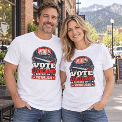 Colorado lifestyle - music graphic, White T-shirts worn by a man and woman in a Colorado town