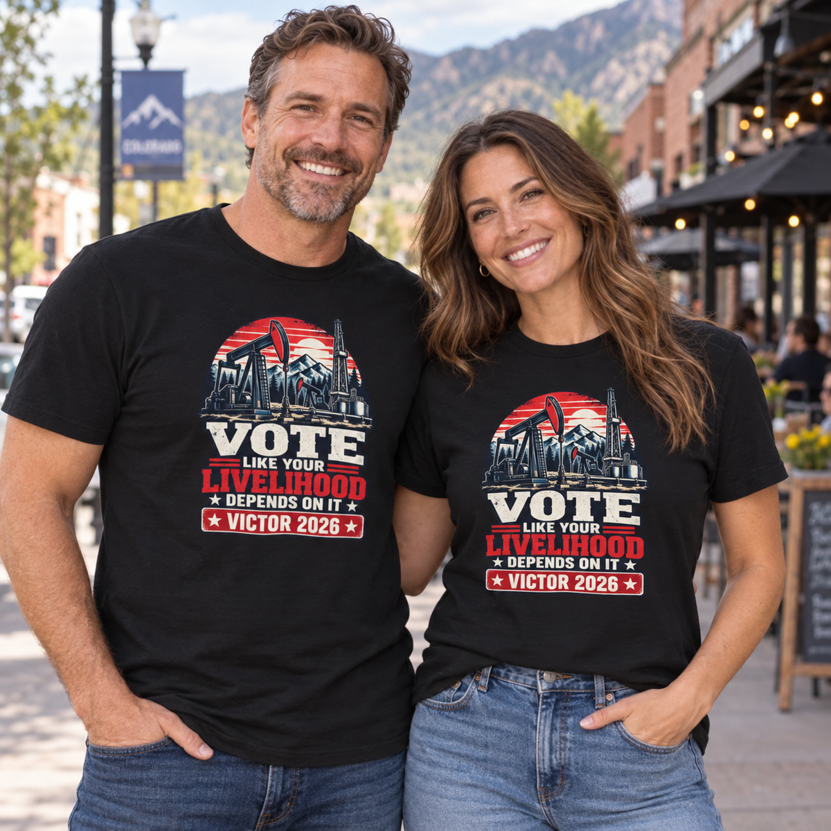 Colorado lifestyle — oil and gas graphic, Black T-shirts worn by a man and woman in a Colorado town
