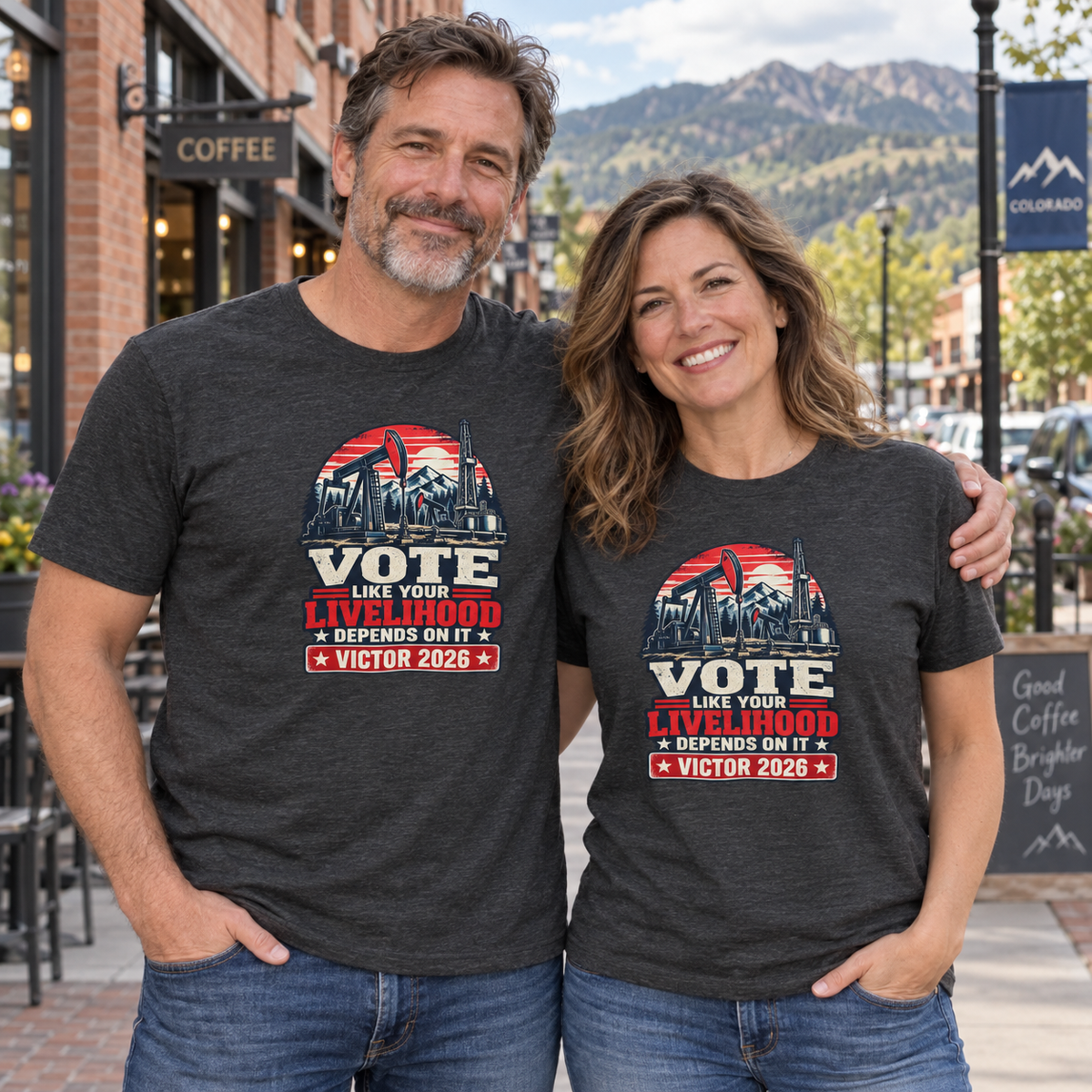 Colorado lifestyle — oil and gas graphic, Dark Grey Heather T-shirts worn by a man and woman in a Colorado town