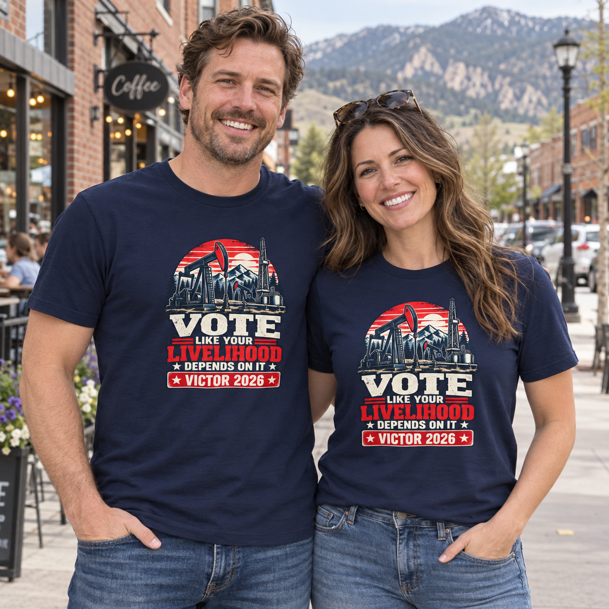 Colorado lifestyle — oil and gas graphic, Navy T-shirts worn by a man and woman in a Colorado town