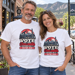 Colorado lifestyle — oil and gas graphic, White T-shirts worn by a man and woman in a Colorado town