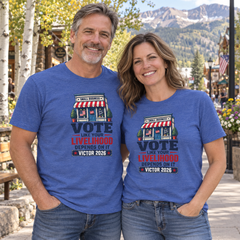 Colorado lifestyle — small business graphic, Heather True Royal T-shirts worn by a man and woman in a Colorado town