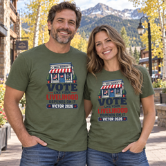 Colorado lifestyle — small business graphic, Military Green T-shirts worn by a man and woman in a Colorado town