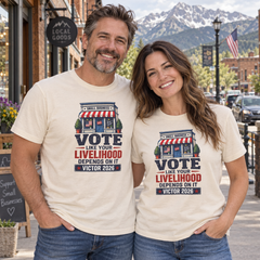 Colorado lifestyle — small business graphic, Soft Cream T-shirts worn by a man and woman in a Colorado town