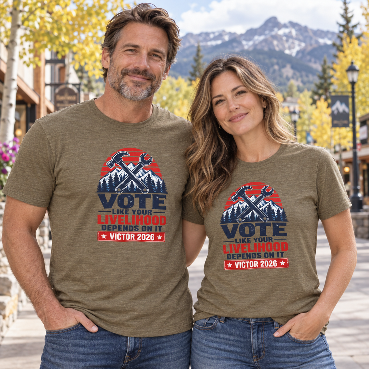Colorado lifestyle - trades graphic, Heather Olive T-shirts worn by a man and woman in a Colorado town