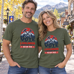 Colorado lifestyle - trades graphic, Military Green T-shirts worn by a man and woman in a Colorado town