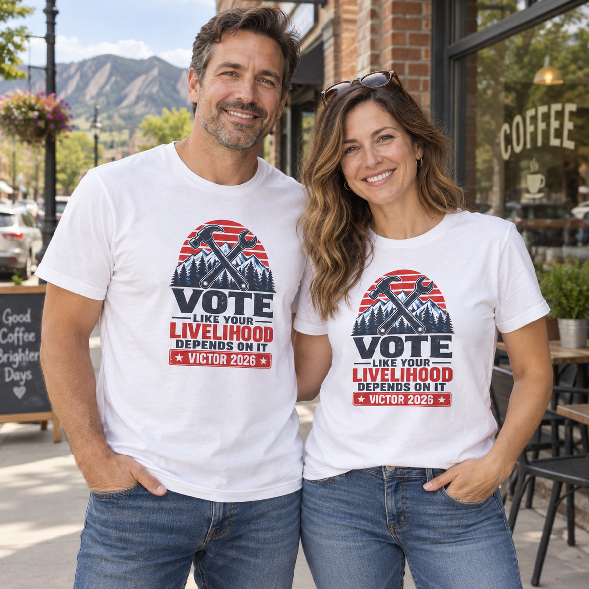 Colorado lifestyle - trades graphic, White T-shirts worn by a man and woman in a Colorado town