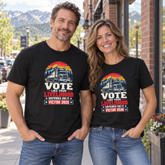 Colorado lifestyle - trucker graphic, Black T-shirts worn by a man and woman in a Colorado town