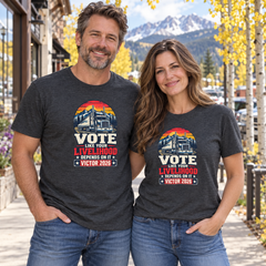 Colorado lifestyle - trucker graphic, Dark Grey Heather T-shirts worn by a man and woman in a Colorado town