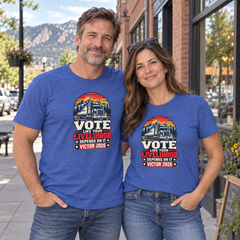 Colorado lifestyle - trucker graphic, Heather True Royal T-shirts worn by a man and woman in a Colorado town