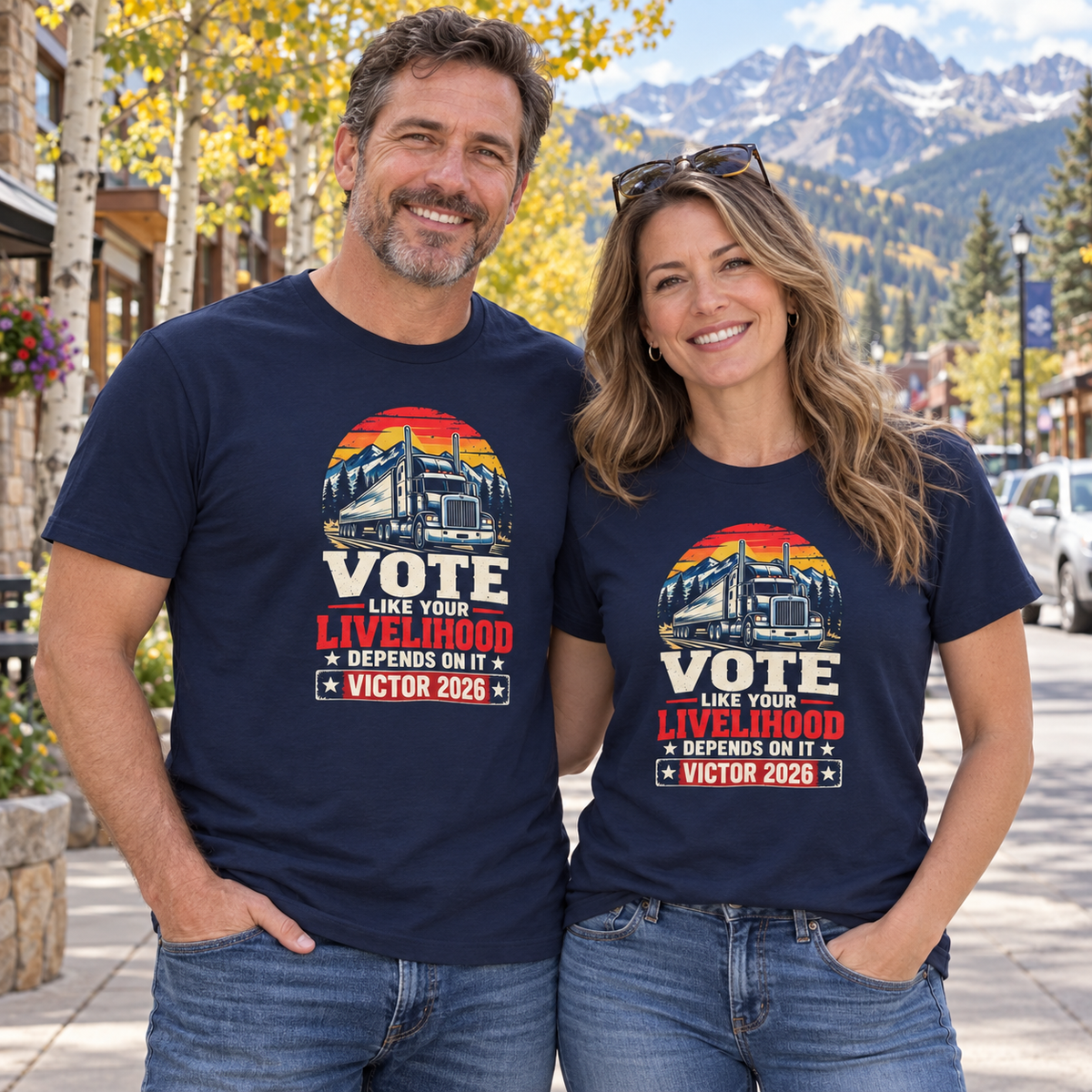 Colorado lifestyle - trucker graphic, Navy T-shirts worn by a man and woman in a Colorado town