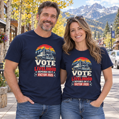 Colorado lifestyle - trucker graphic, Navy T-shirts worn by a man and woman in a Colorado town