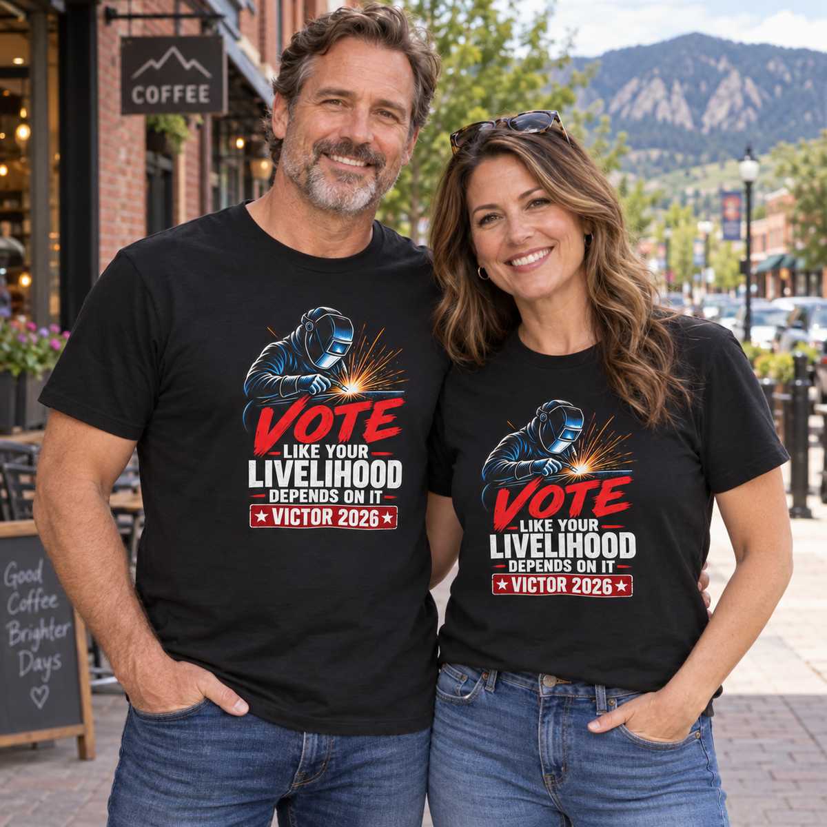 Colorado lifestyle — welder graphic, Black T-shirts worn by a man and woman in a Colorado town